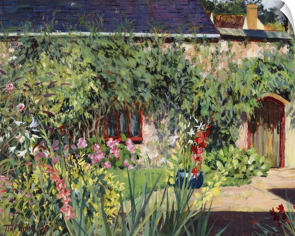 Horizontal painting on a big wall hanging of a lush garden full of numerous flowers and foliage, masking the stone house t...