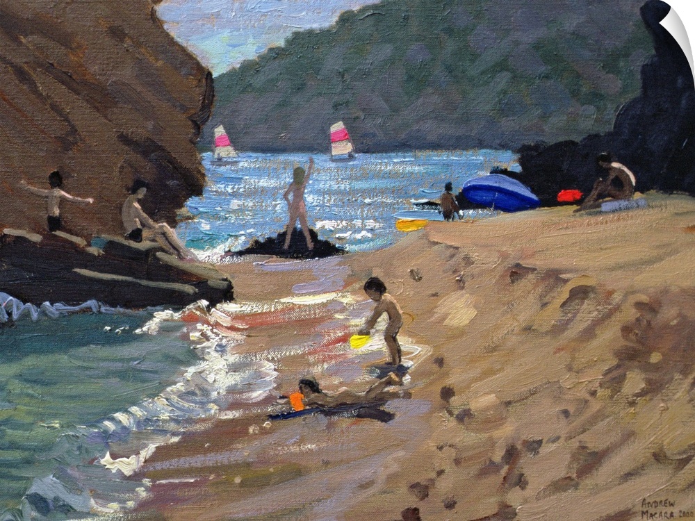Contemporary oil painting on canvas of people playing on a Spanish beach with sailboats in the water in the distance.