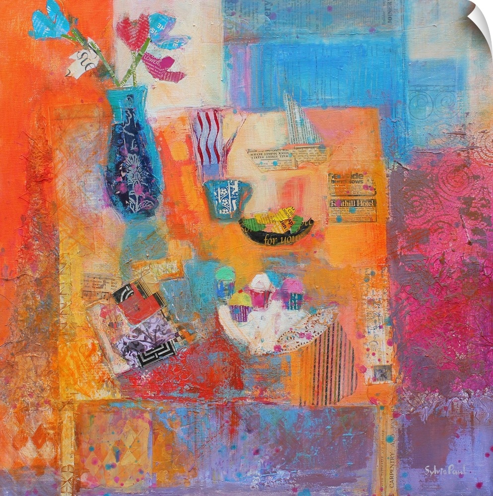 Contemporary painting of a blue vase holding flower surrounded by an array of colors.