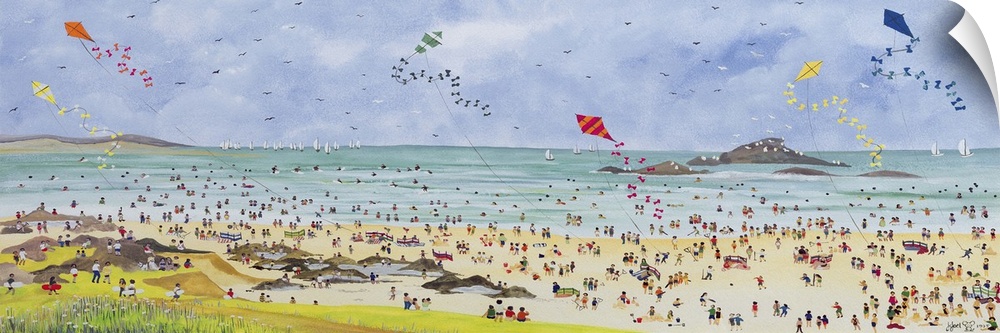 Contemporary painting of a crowd of beachgoers by the ocean with kites in the air.