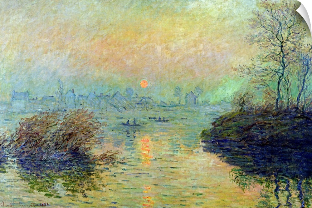 Landscape painting from an Impressionist masterof boats paddling in a river as the sun sets.