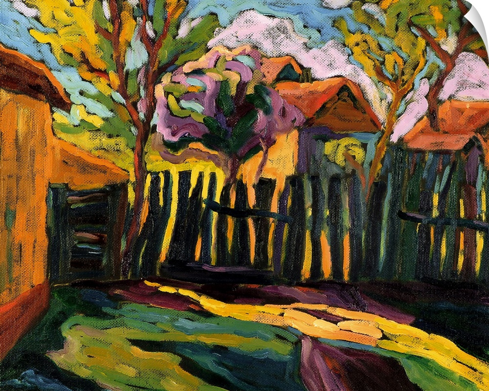 Contemporary artwork that shows a small painted fence with few trees behind it and other homes just behind the trees.
