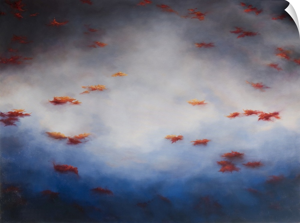 Red leaves floating on water with clouds reflected