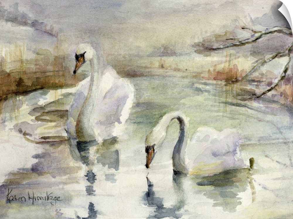 Oversized horizontal artwork of two swans floating in the calm waters of a pond, surrounded by a natural landscape.