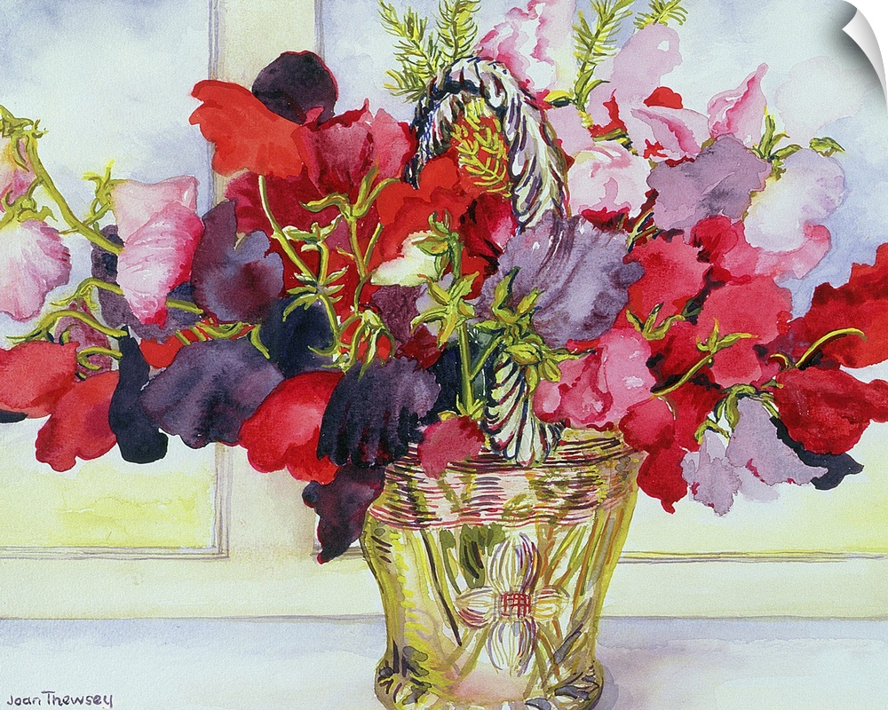 Painting of colorful flowers in a brass container sitting on a table.