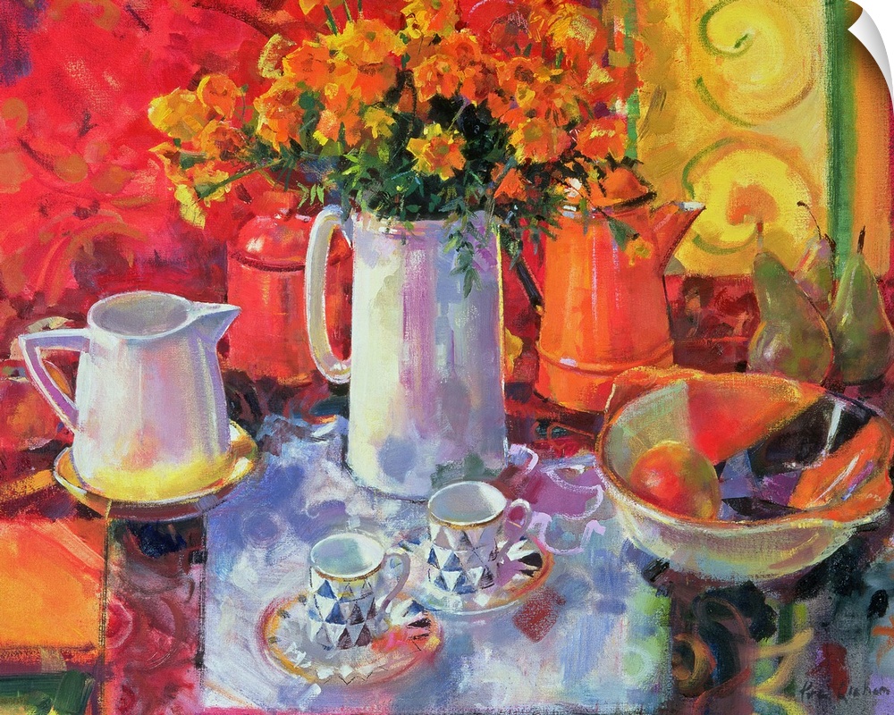 Contemporary still life painting of a table set for tea with two tea cups and pot of tea with a tall pitcher full of wild ...