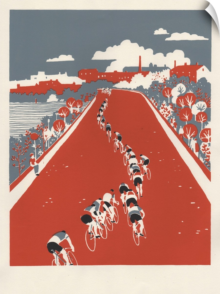 Contemporary artwork of a cyclists on a red road.