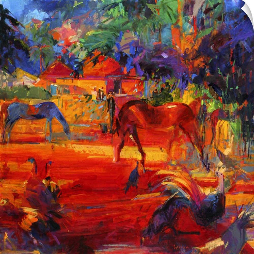 Painting of horses and other farm animals grazing with a house in the background in mostly warm tones.