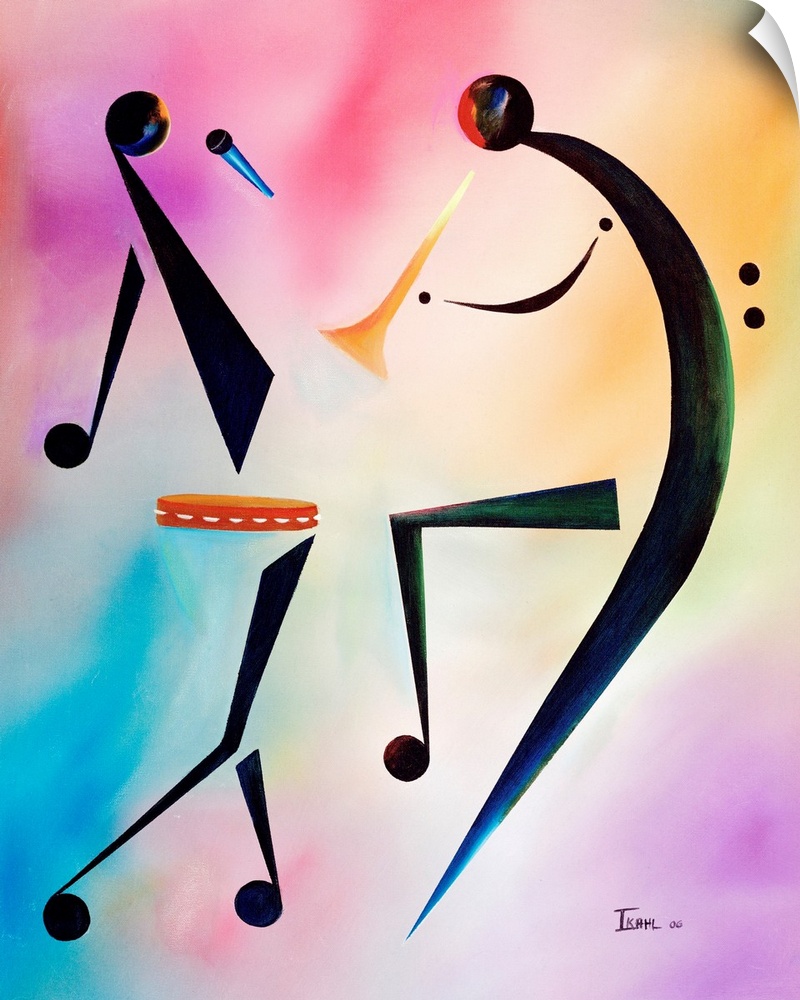 Abstract painting of two figures of musicians, a singer and a trumpet player, created out of musical notes, symbols, and i...