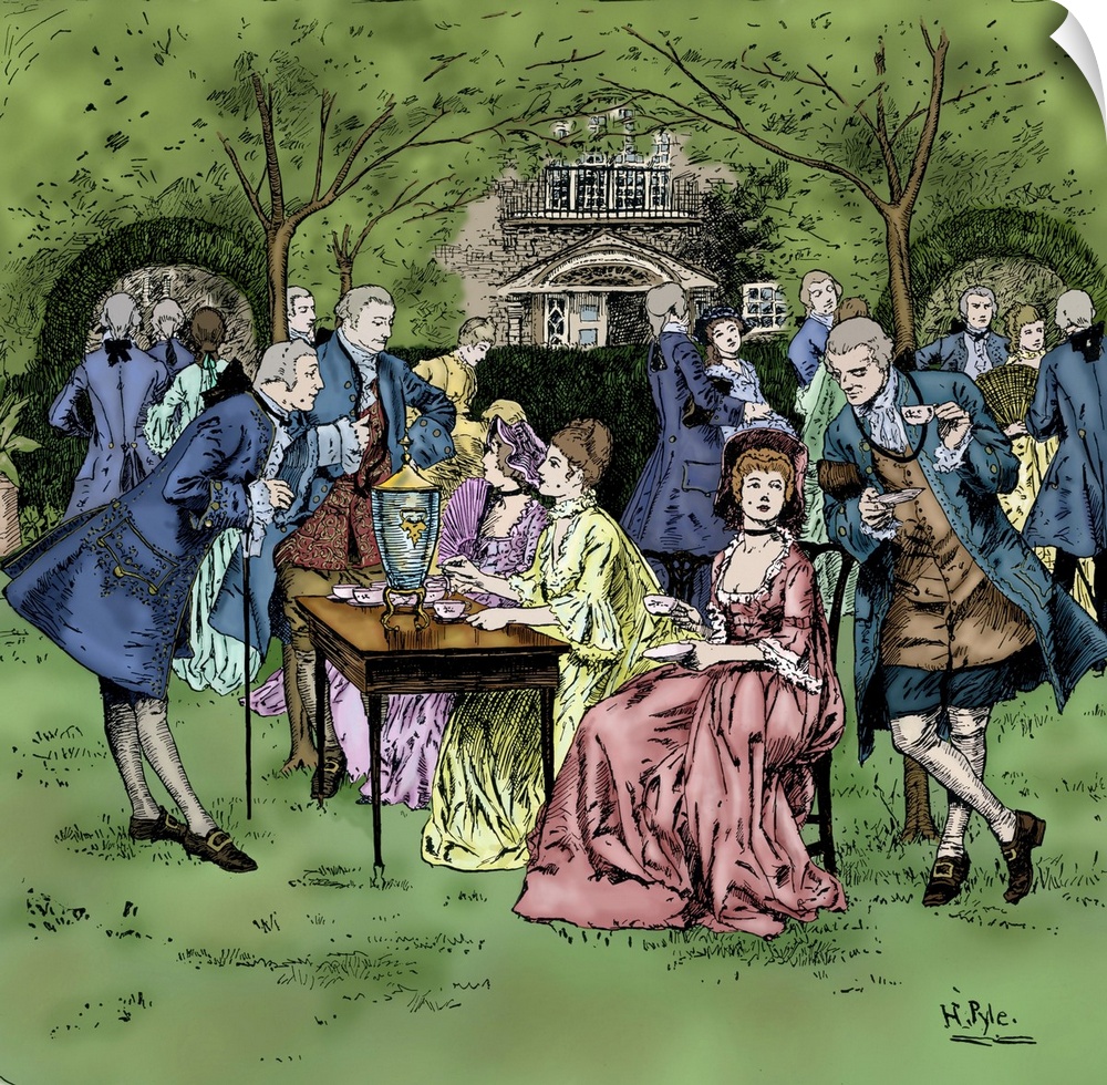 Tea party in colonial New England, 1700s. Illustration by Howard Pyle, 1880 Howard Pyle's Book of the American Spirit.