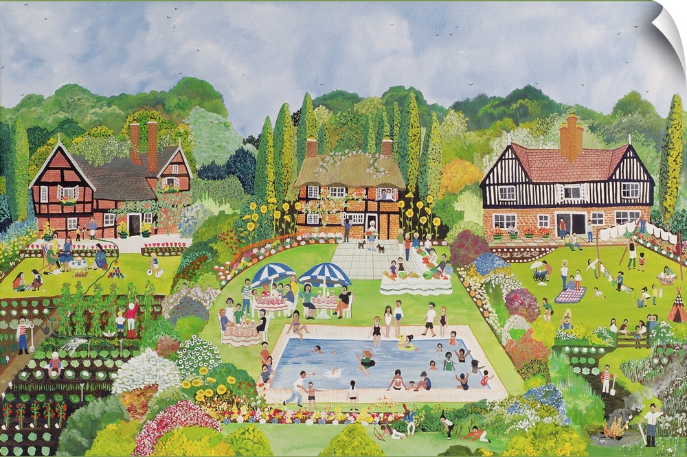 Contemporary painting of a neighborhood with gardens and lots of people.