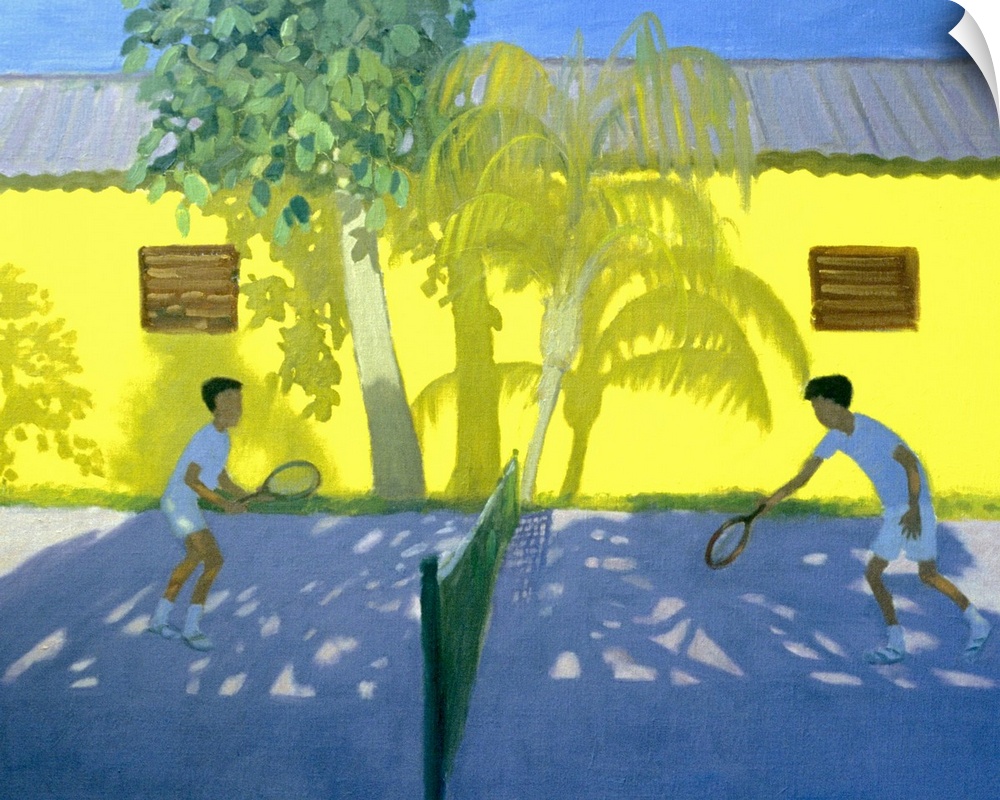 This is a landscape painting of two children playing a game on a court in the shade of palm trees and color buildings.