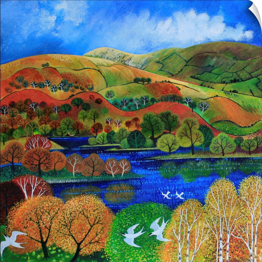 Contemporary painting of terns flying over a lake in the Cumbria countryside.