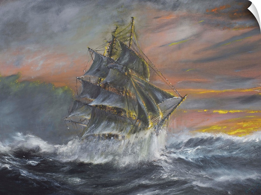 Contemporary painting of a ship riding the high seas during a rough storm.