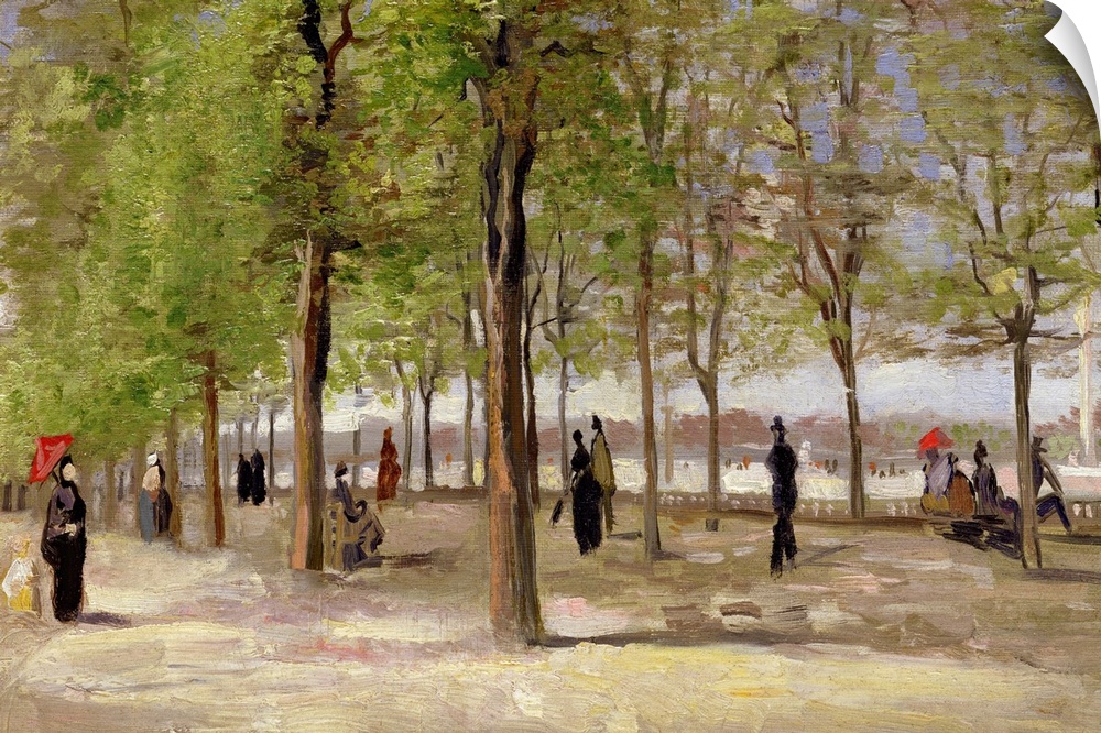 Muted antique painting of people strolling through a wooded park.  Some people are carrying umbrellas and some are sitting...