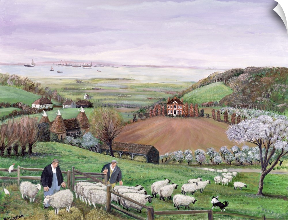 Contemporary painting of shepherds and sheep in the English countryside.