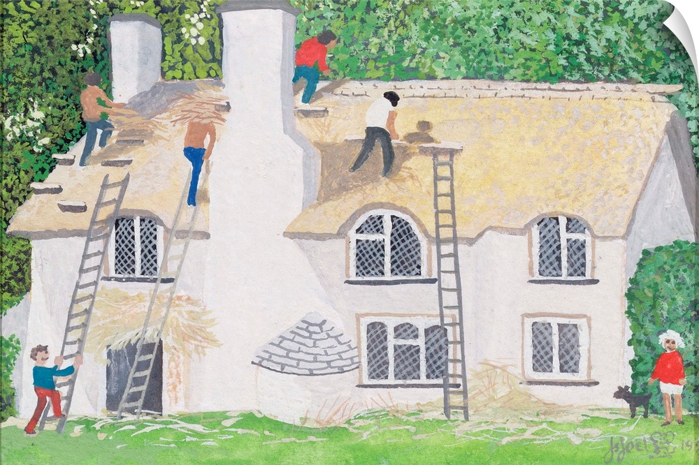 Contemporary painting of workers adding hat to the roof of a house.