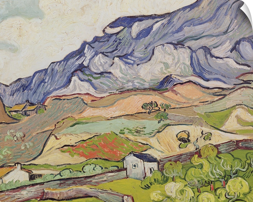 Large, landscape, classic painting of the Alpilles mountains looming over a farming landscape of fields, houses and a sing...