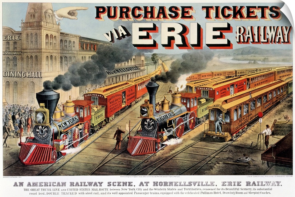 Vintage poster of two trains pulling out of the station which is viewed to the left.