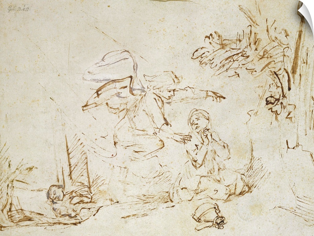 XKH145568 The Angel Appears to Hagar and Ishmael in the Wilderness (pen and brown ink with bodycolour on paper) by Rembran...