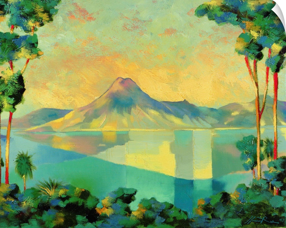 Contemporary painting of a peaceful lagoon landscape.