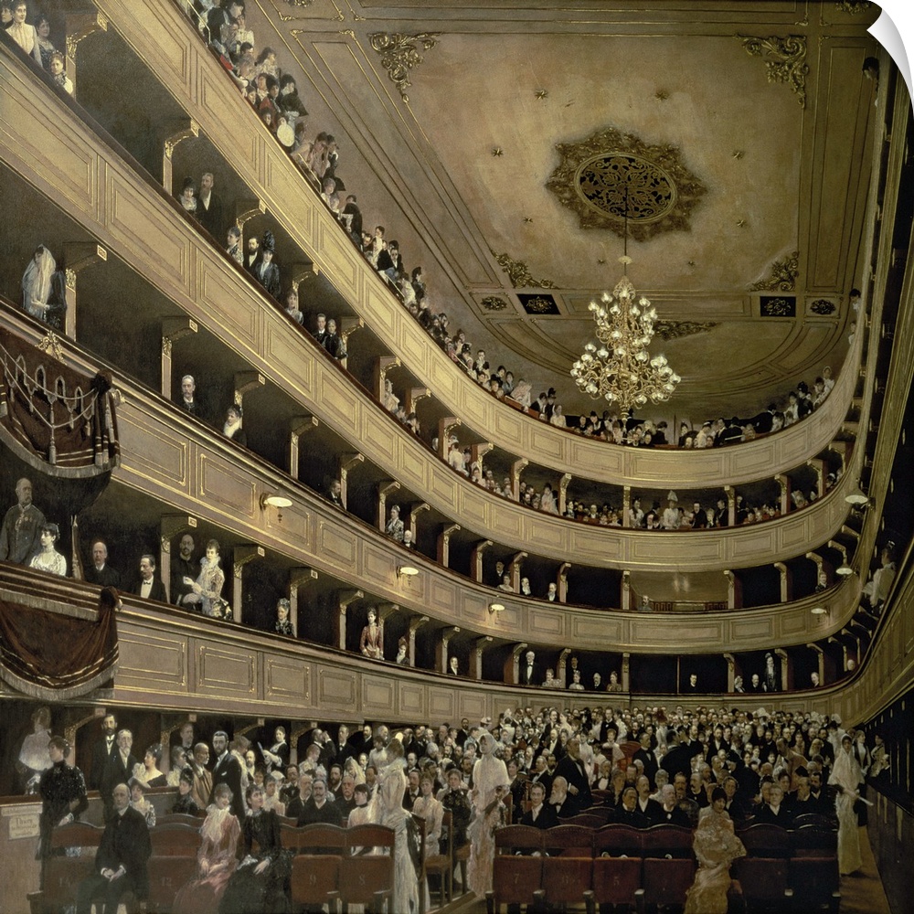 Classical oil painting of concert hall with balconies filled with people.