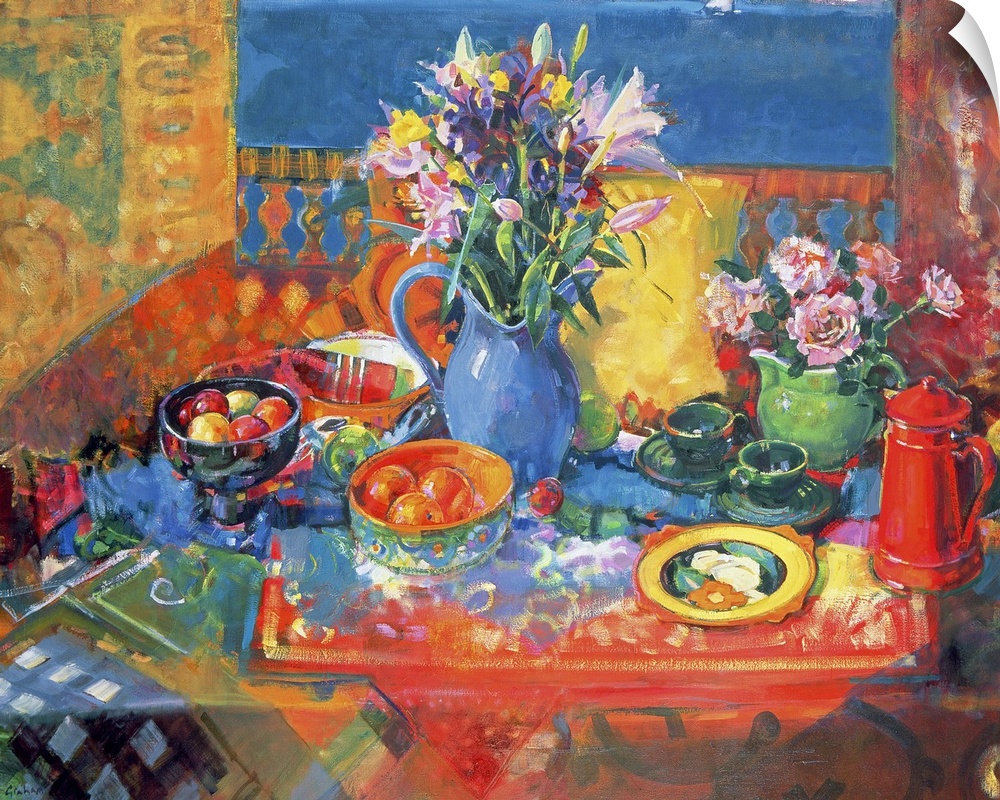 This is a Giclee print of contemporary still life painting of flowers, fruit, patterned textiles, and colorful ceramic war...