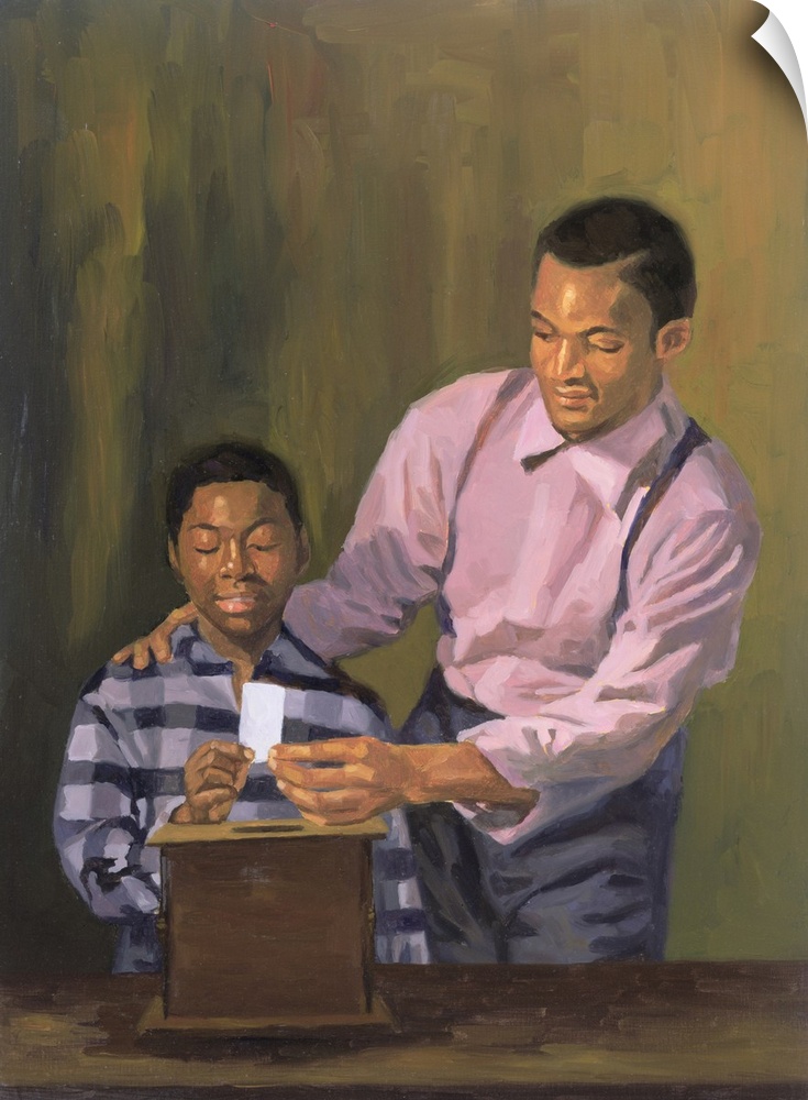 Contemporary painting of an African American man helping his son place a ballot in a ballot box.