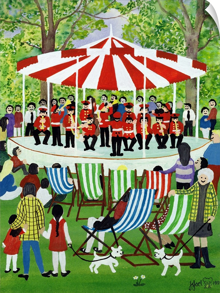 Contemporary painting of a band playing under a tent in the park.