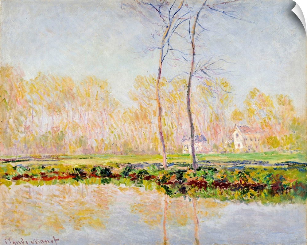 Horizontal classic art on a large canvas of two tall, thin trees at the edge of the River Epte, a line of fall colored tre...