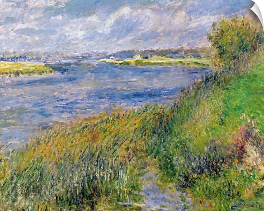 Big, classic art, landscape painting of the banks of the Seine River, surrounded by long green grasses.  Painted with thic...