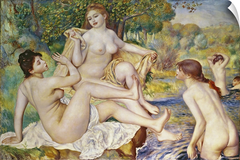 Horizontal classic painting on a large wall hanging of a group of nude women bathing in water surrounded by a forest.  Sev...