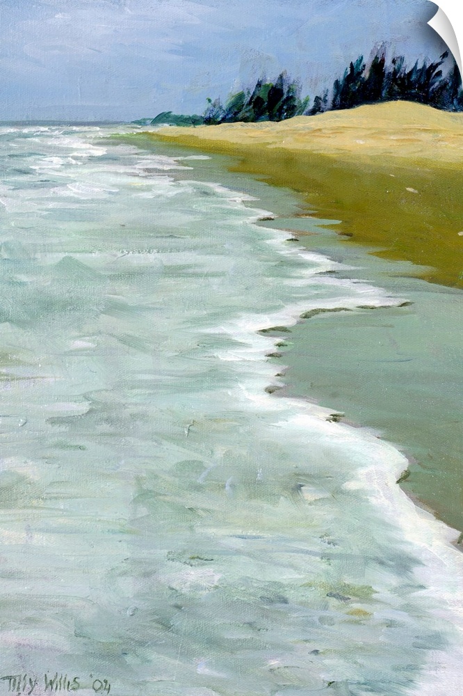 This is a contemporary painting showing waves rocking against the shore of a sandy beach on a vertical wall hanging.