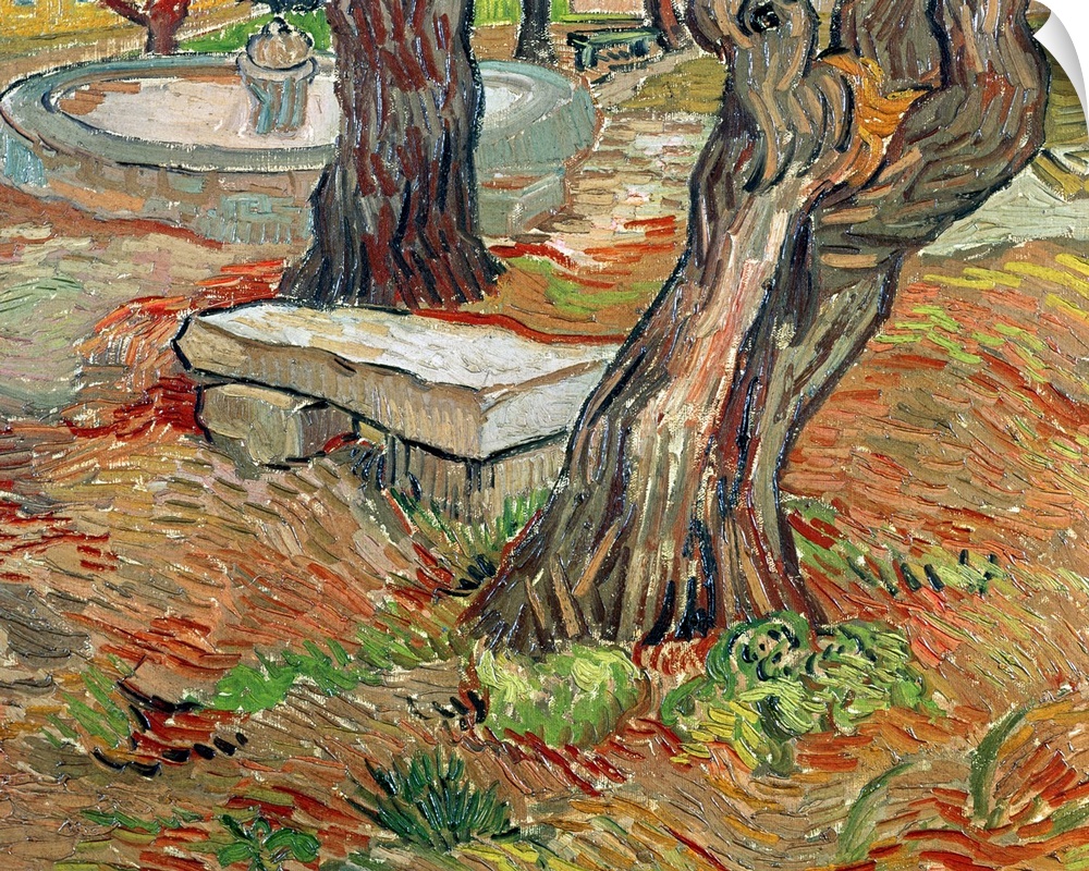 Big, horizontal classic painting of a stone bench between two large trees in a grassy landscape, a circular fountain in th...