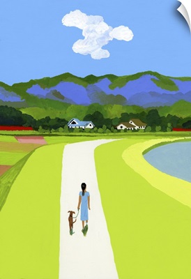The Blue Mountains And The Woman Walking With The Dog