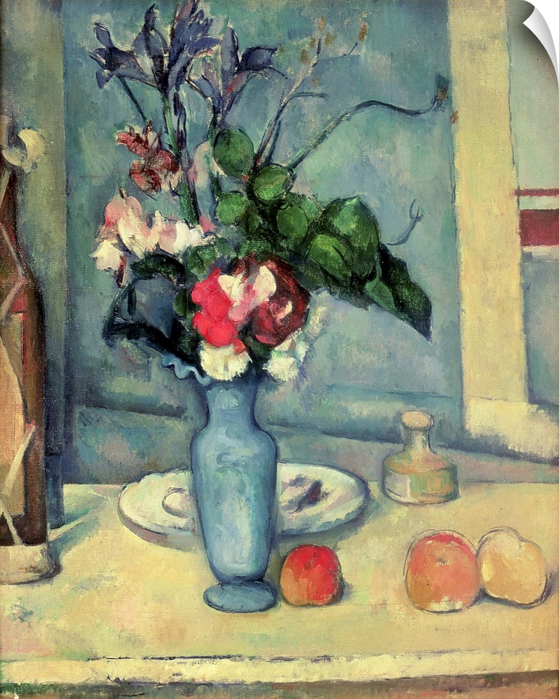 Big canvas painting of a vase of flowers on a table with fruit, a bottle and a plate.