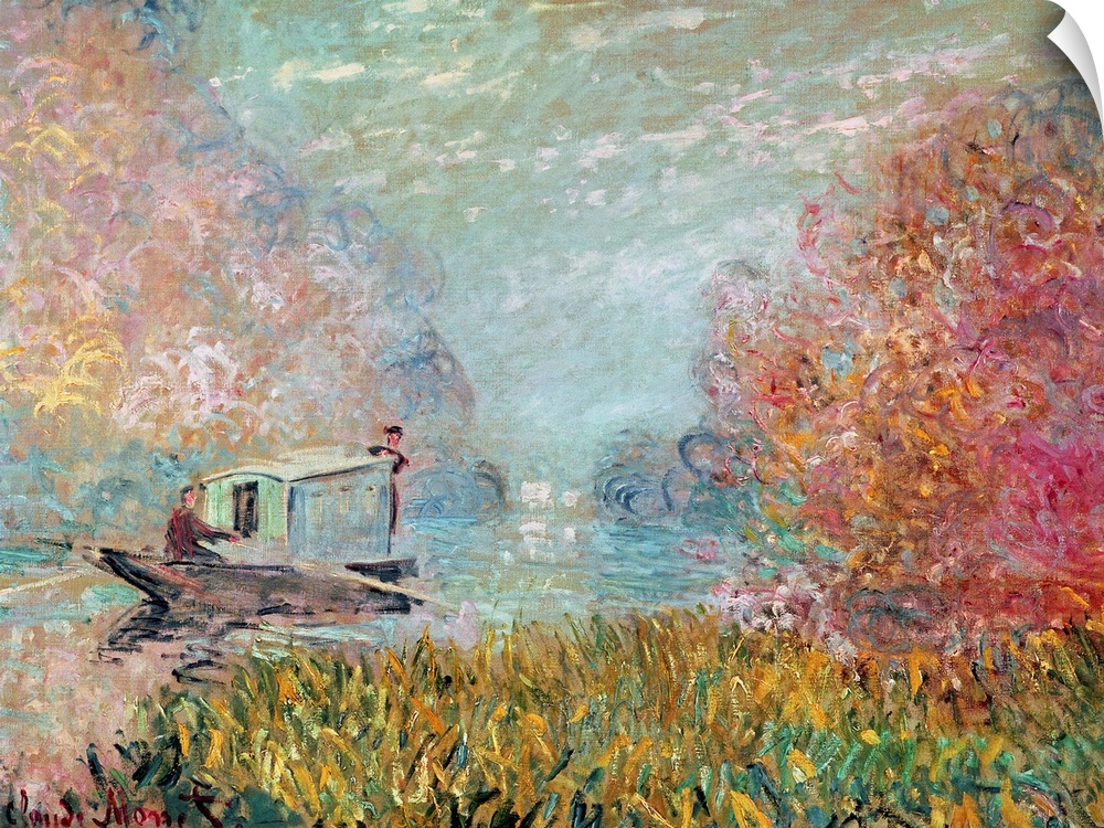 Classical painting of canoe floating downstream.  The lake is lined with colorful trees and tall grass.