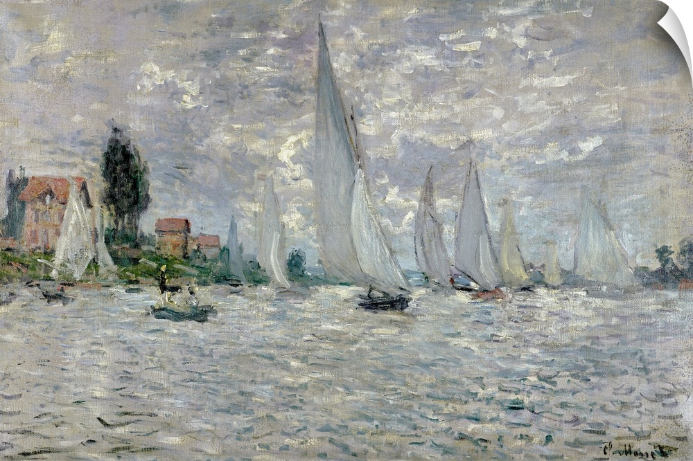 Big classic art shows a fleet of sailboats making their way through a choppy waterway in Paris, France.  On the shore of t...