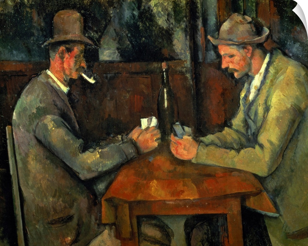 Classical oil painting featuring two gentlemen with pipes and bowler hat sitting at a small table playing cards.