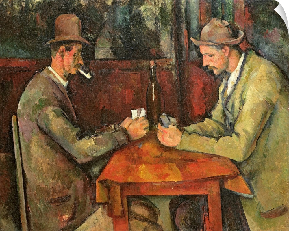 Two men dressed in casual working class clothing play cards a small table with a bottle of wine in this painting from a ma...