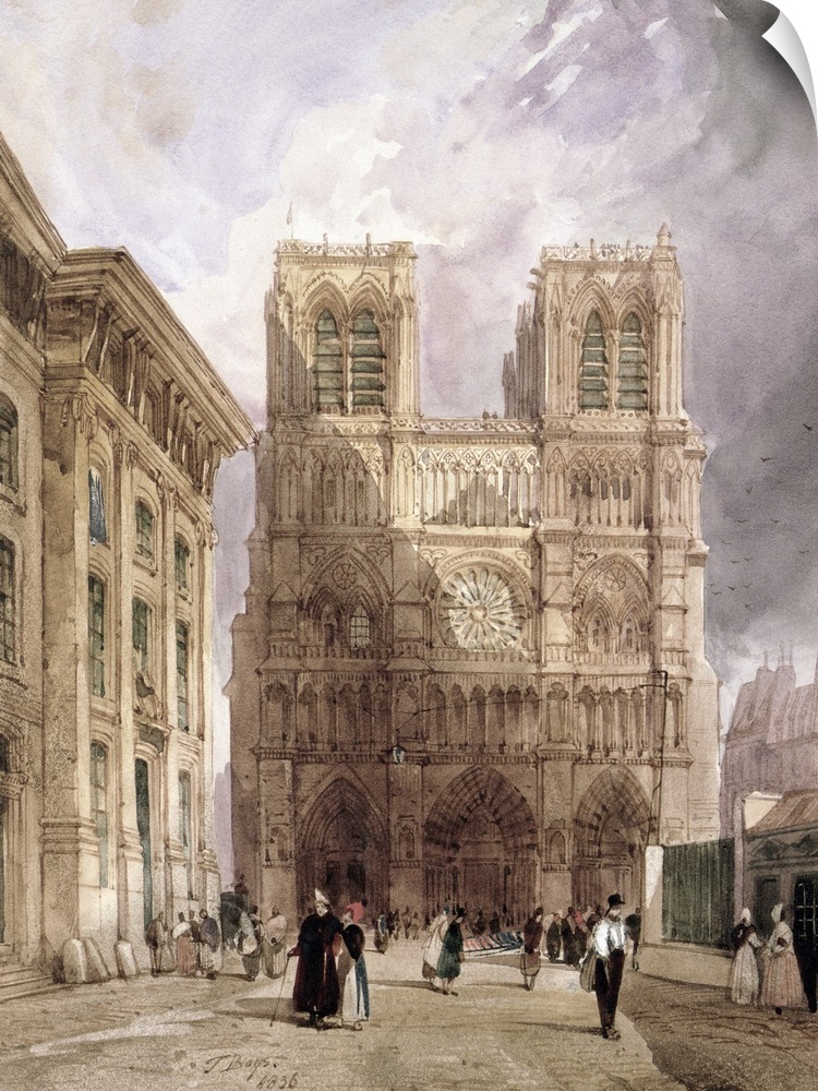 Tall illustration on canvas of Notre Dame with people walking through the streets.