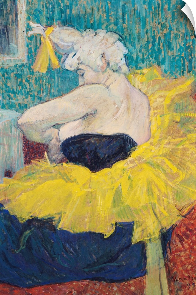 The portrait of a woman is drawn sitting wearing a blue dress with a yellow tutu wrapped around her upper body.