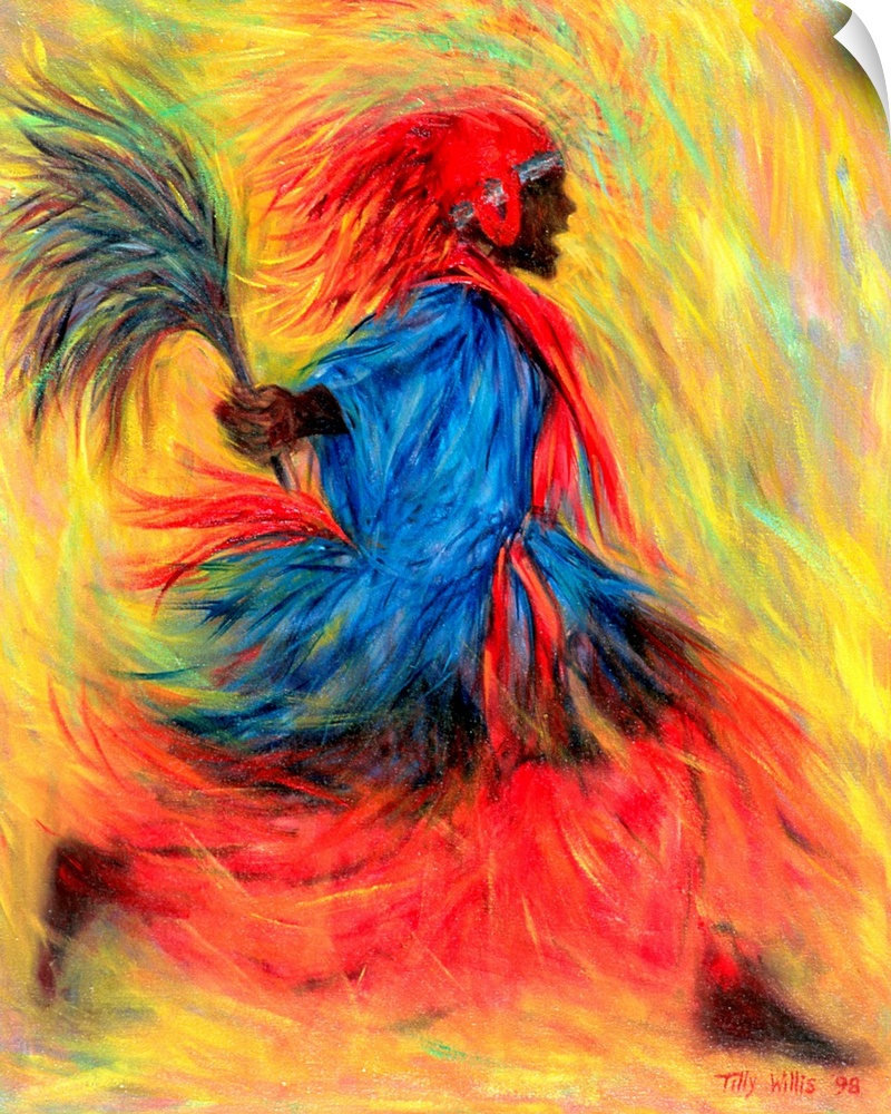 Huge contemporary art showcases an African-American in a vibrantly colored costume performing a dance while holding feathers.