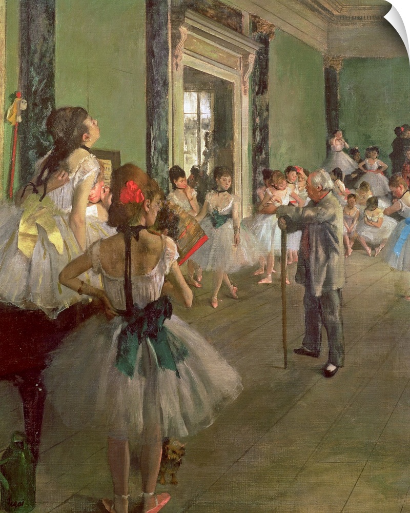 Large oil painting of dancers being instructed by a teacher.