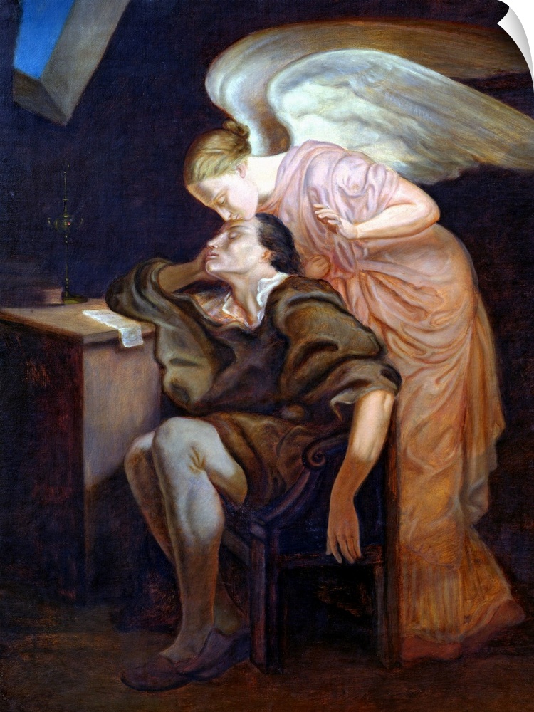 A large vertical artwork piece of an angel kissing a man's forehead while he dreams at his desk.