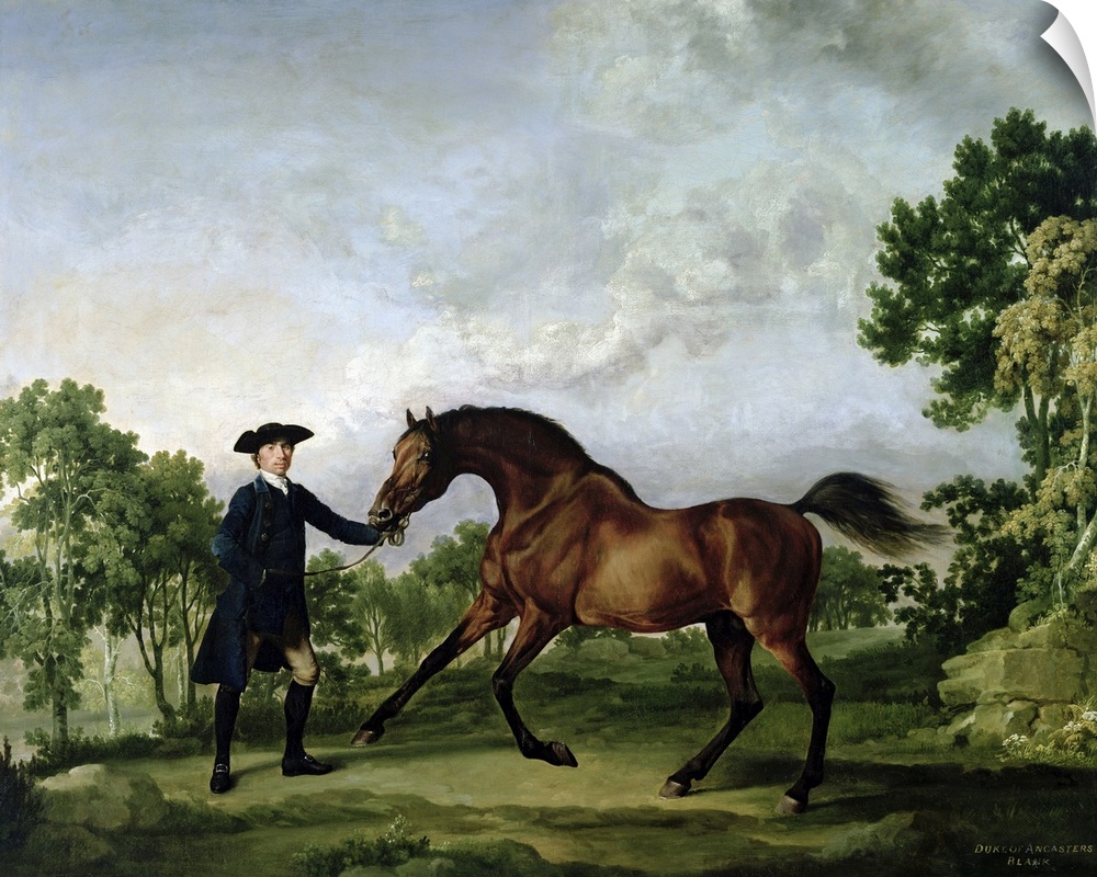 BAL72379 The Duke of Ancaster's bay stallion "Blank", held by a groom, c.1762-5  by Stubbs, George (1724-1806); oil on can...