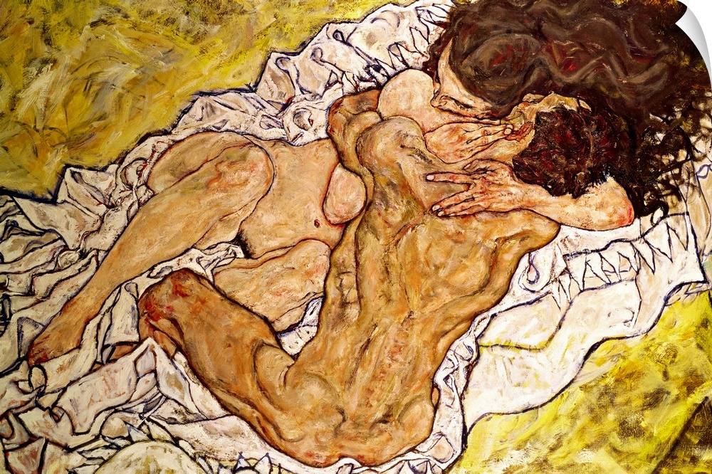 Oil painting on canvas of an abstractly drawn man and woman laying in each other's arms on a blanket.