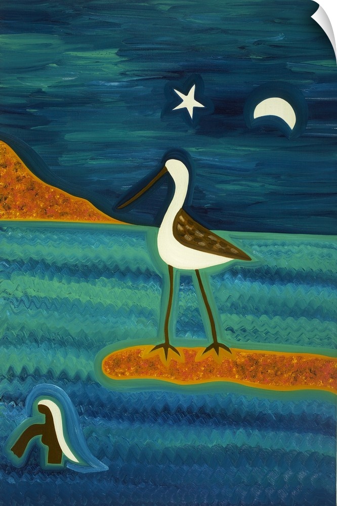 Contemporary painting of a sandpiper on a sandbank at night.
