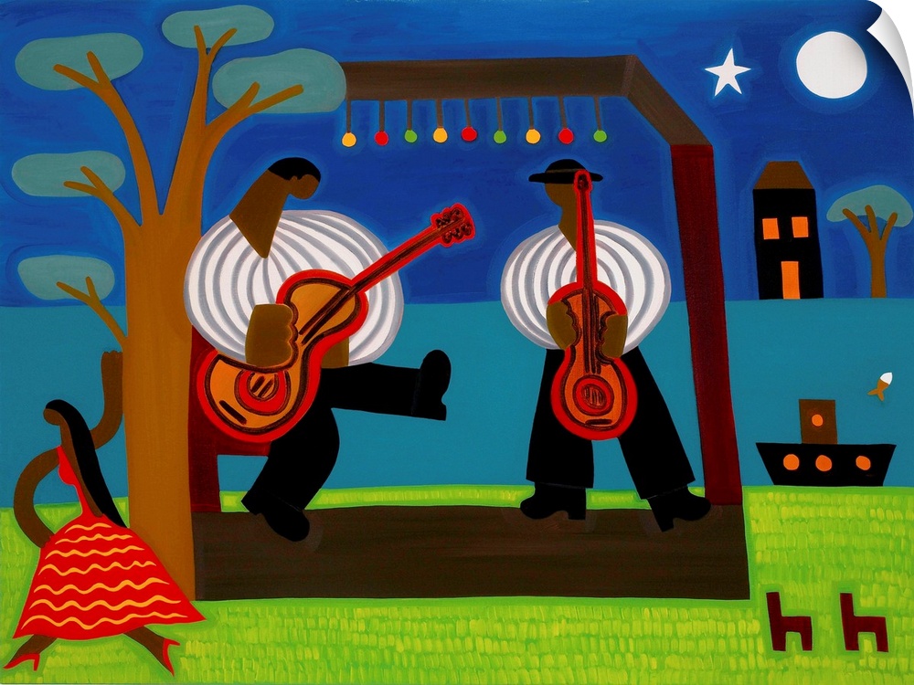 Contemporary painting of two guitar players performing on a stage.