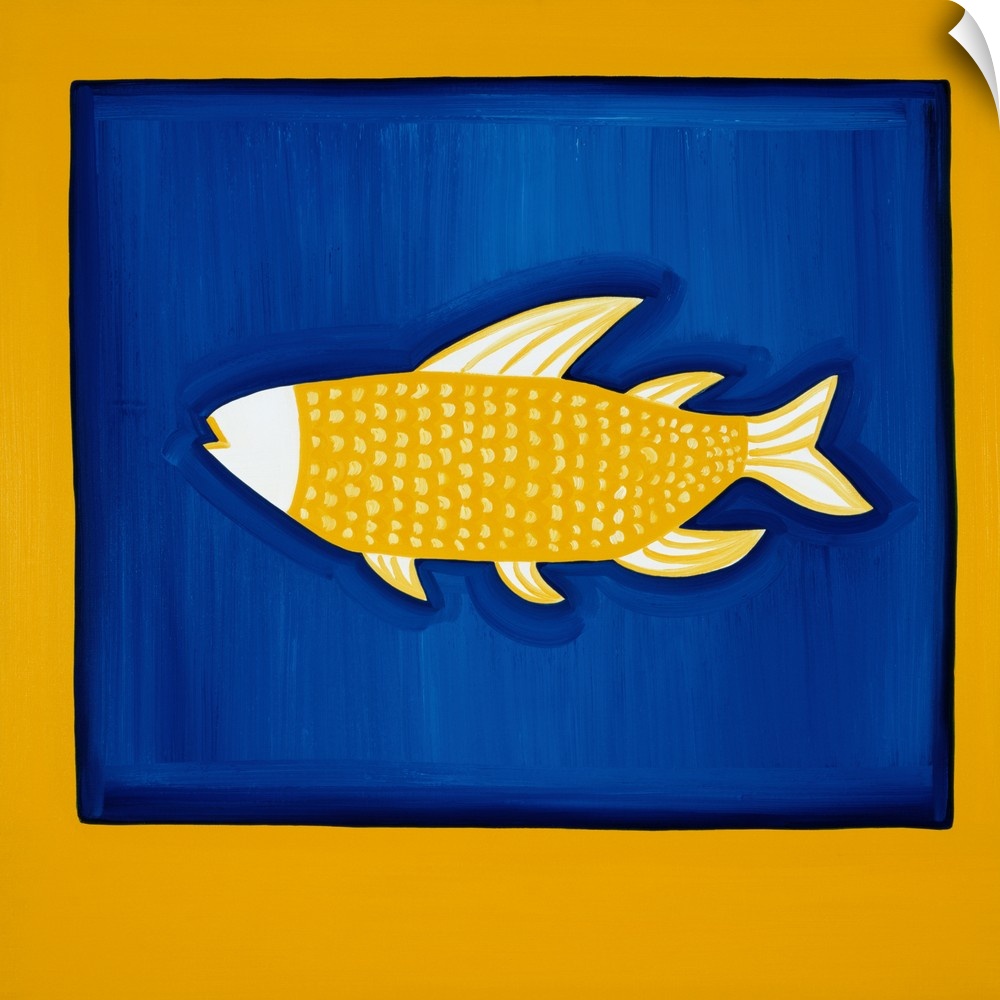 Contemporary painting of a yellow fish on a blue background.